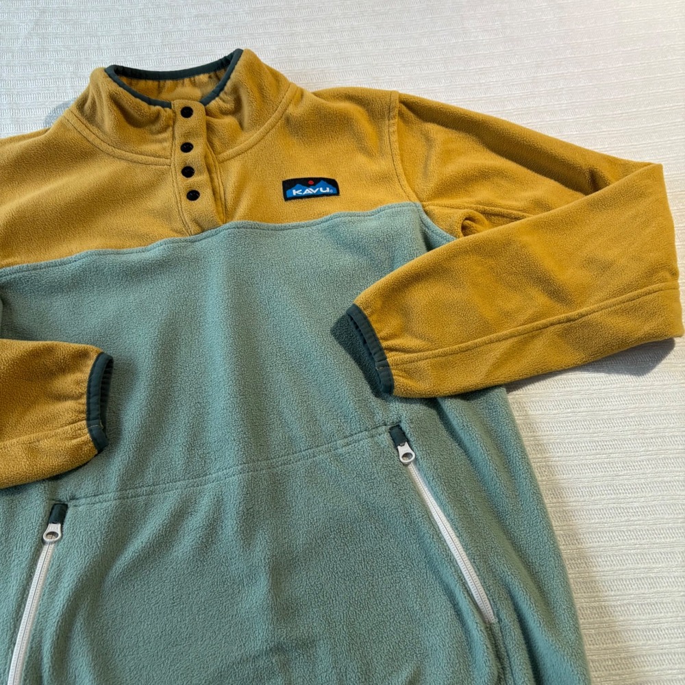 KAVU Mens Small Fleece Pullover Snap Mock Neck Colorblock Yellow Green Pocket